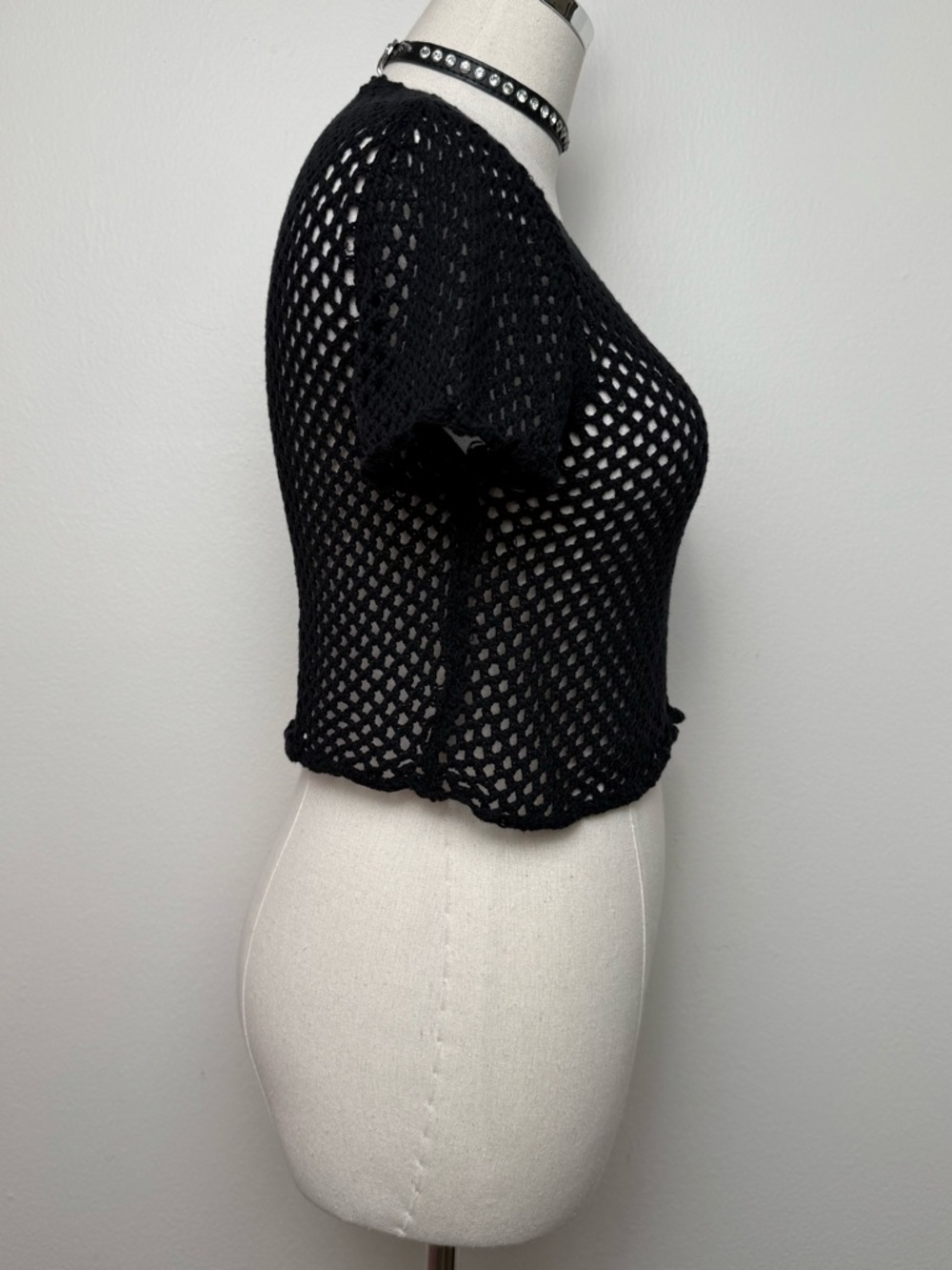 UNIF Black Open Knit Crochet Cropped Shirt Top Medium - Picture 2 of 8